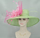 Sinamay Kentucky Derby Hat: Green Wide Brim with Pink Flower