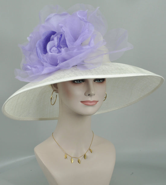 Wide Brim Sinamay Derby Hat: Ivory Wedding Tea Party Hat with Lavender Silk Flower