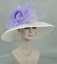 Wide Brim Sinamay Derby Hat: Ivory Wedding Tea Party Hat with Lavender Silk Flower