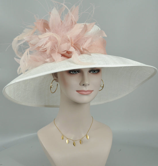 Ivory Off White Blush  Pink Wide Brim Kentucky Derby Hat, Ascot Hat for Wedding  Tea Party, Garden Party Hat, Mother of the Bride, Church