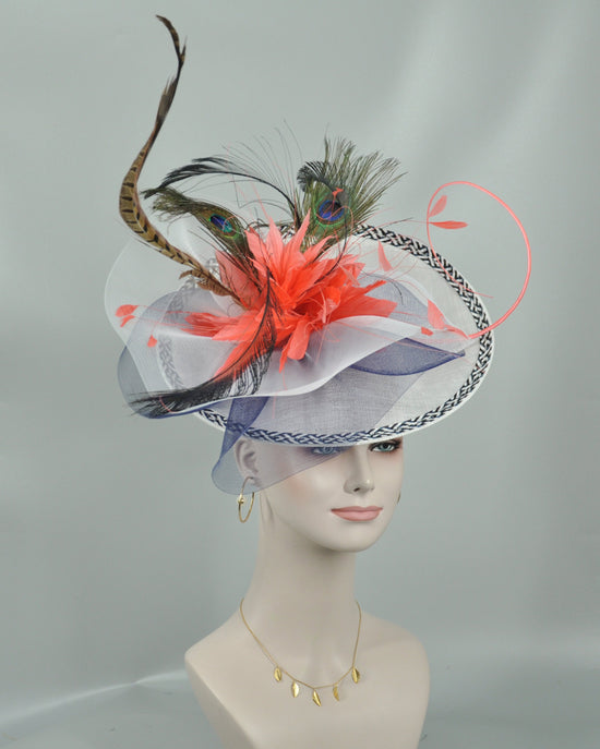 Sinamay Disc Fascinator Hat: Feather Flowers, Kentucky Derby Hat