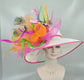 Wide Brim Kentucky Derby Hat: Fuchsia, Orange, Peacock Feather Flower