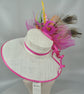 Wide Brim Derby Hat: Fuchsia, Orange, Peacock Feather Flower