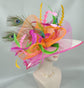 Wide Brim Derby Hat: Fuchsia, Orange, Peacock Feather Flower