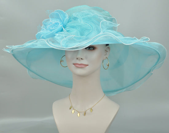 Light Blue Organza Derby Hat, Wide Brim, Bow & Flower