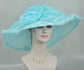 New Kentucky Derby, Church, Wedding, Tea Party with Big Bow & Flower 7" Wide Brim Organza Hat ( Light Blue)