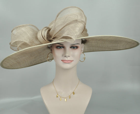 Taupe Kentucky Derby Hat: Wide Brim Sinamay Bow Ascot Hat