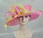 Hot Pink w Lime Green Feather Flower Kentucky Derby Hat Tea Party Carriage Party Wedding Wide Brim Sinamay Hat