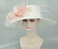 Wide Brim Sinamay Kentucky Derby Hat: White with Blush Pink Feather Flower