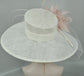 Wide Brim Sinamay Kentucky Derby Hat: White with Blush Pink Feather Flower