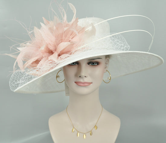 Wide Brim Sinamay Kentucky Derby Hat: White with Blush Pink Feather Flower