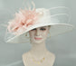 Wide Brim Sinamay Kentucky Derby Hat: White with Blush Pink Feather Flower
