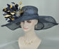 Navy Blue Sinamay Derby Hat: Feather Flower Wide Brim
