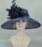 Navy Blue  w Feather Flowers  Kentucky Derby Hat ,Tea Party Carriage Party  Royal AscotWide Brim  Sinamay Hat
