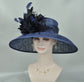 Navy Blue  w Feather Flowers  Kentucky Derby Hat ,Tea Party Carriage Party  Royal AscotWide Brim  Sinamay Hat
