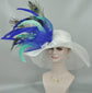 White Sinamay Kentucky Derby Hat: Turquoise, Royal Blue Feather Flower