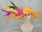 Orange Sinamay Wide Brim Kentucky Derby Hat: Feather Flower Wedding Hat