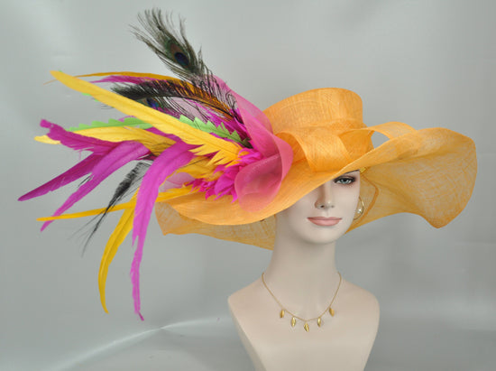 Orange Sinamay Wide Brim Kentucky Derby Hat: Feather Flower Wedding Hat