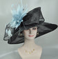 Black Sinamay Derby Hat: Yellow Feather Flower, Wide Brim Organza