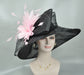 Black Sinamay Derby Hat: Yellow Feather Flower, Wide Brim Organza
