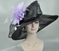 Black Sinamay Derby Hat: Yellow Feather Flower, Wide Brim Organza