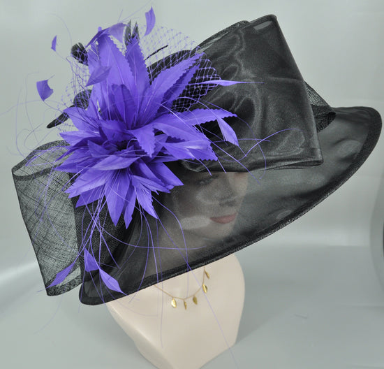 Black Sinamay Derby Hat: Purple Feather Flower, Wide Brim Organza
