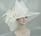 White Feather Flower Derby Hat: Wide Brim Sinamay Organza