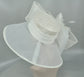 White Feather Flower Derby Hat: Wide Brim Sinamay Organza