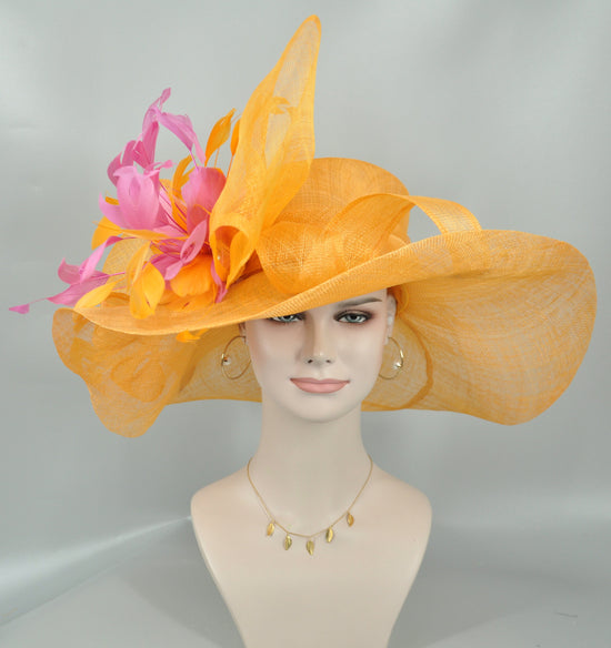 Orange Sinamay Kentucky Derby Hat: Feather Flower, Wide Brim