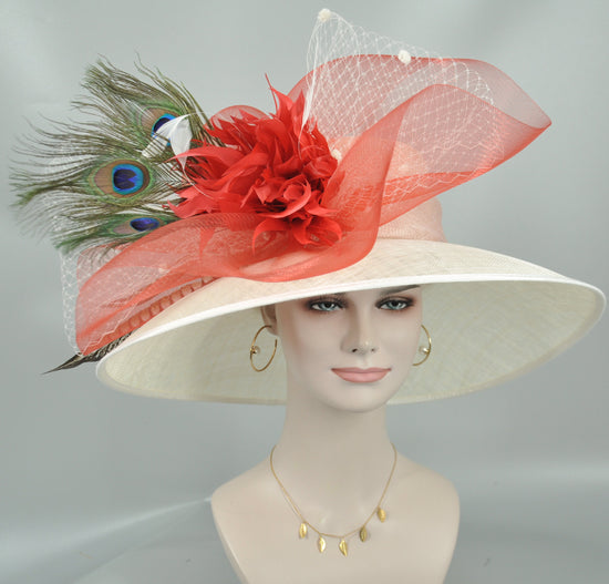Kentucky Derby Hat: Ivory Sinamay Feather Flower & Bow Tea Party Hat