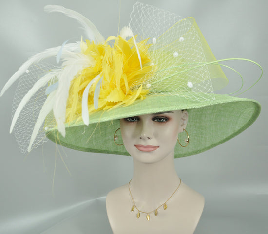Sinamay Kentucky Derby Hat: Green Wide Brim Feather Flower
