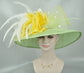 Sinamay Kentucky Derby Hat: Green Wide Brim Feather Flower