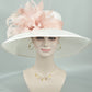 Wide Brim Kentucky Derby Hat, Ascot Hat for Wedding & Tea Party, Garden Party Hat, Mother of the Bride, Church White w Dusty/Blush Pink