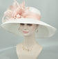 Wide Brim Kentucky Derby Hat, Ascot Hat for Wedding & Tea Party, Garden Party Hat, Mother of the Bride, Church White w Dusty/Blush Pink