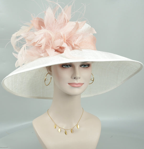 Wide Brim Kentucky Derby Hat, Ascot Hat for Wedding & Tea Party, Garden Party Hat, Mother of the Bride, Church White w Dusty/Blush Pink