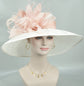 Wide Brim Kentucky Derby Hat, Ascot Hat for Wedding & Tea Party, Garden Party Hat, Mother of the Bride, Church White w Dusty/Blush Pink