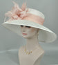 Church Kentucky Derby HatCarriage Tea Party Wedding Wide Brim  Royal A Hat  Sinamay Hat  Off White/Ivory  w Dusty/Blush  Pink Feather Flower