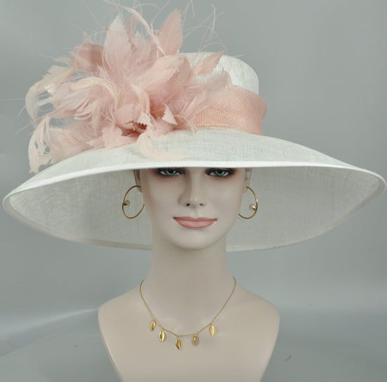 Church Kentucky Derby HatCarriage Tea Party Wedding Wide Brim  Royal A Hat  Sinamay Hat  Off White/Ivory  w Dusty/Blush  Pink Feather Flower