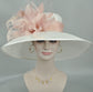 Church Kentucky Derby HatCarriage Tea Party Wedding Wide Brim  Royal A Hat  Sinamay Hat  Off White/Ivory  w Dusty/Blush  Pink Feather Flower