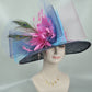 Navy Blue Sinamay Derby Hat: Feather Flower, Teal Bow