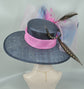 Navy Blue Sinamay Derby Hat: Feather Flower, Teal Bow