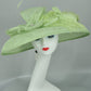 Spring Green Sinamay Derby Hat: Wide Brim, Rhinestones & Ostrich Feather
