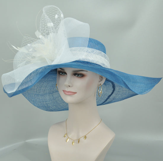 Blue Sinamay Derby Hat: Wide Brim Feathered Wedding Tea Party Hat