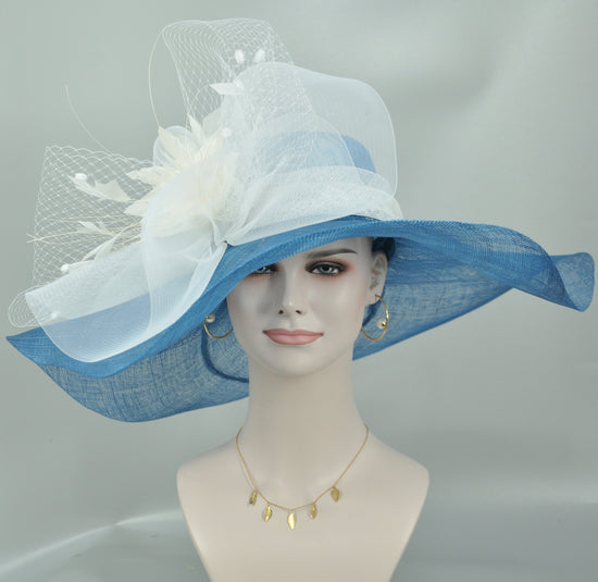 Blue Sinamay Kentucky Derby Hat: Wide Brim Feathered Wedding Tea Party Hat