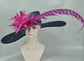 Navy Kentucky Derby Hat, Magenta Feather & Pheasant Tail Wide Brim Sinamay Hat