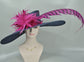 Navy Blue w Red Purple ( Darker Magenta) Feather flower and  Pheasant Tail Feathers  Kentucky Derby Hat Tea  Wide Brim Sinamy Hat