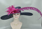Navy Kentucky Derby Hat, Magenta Feather & Pheasant Tail Wide Brim Sinamay Hat