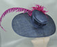 Navy Kentucky Derby Hat, Magenta Feather & Pheasant Tail Wide Brim Sinamay Hat