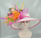 Wide Brim Derby Hat: Fuchsia, Orange, Peacock Feather Flower