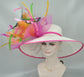 Wide Brim Derby Hat: Fuchsia, Orange, Peacock Feather Flower